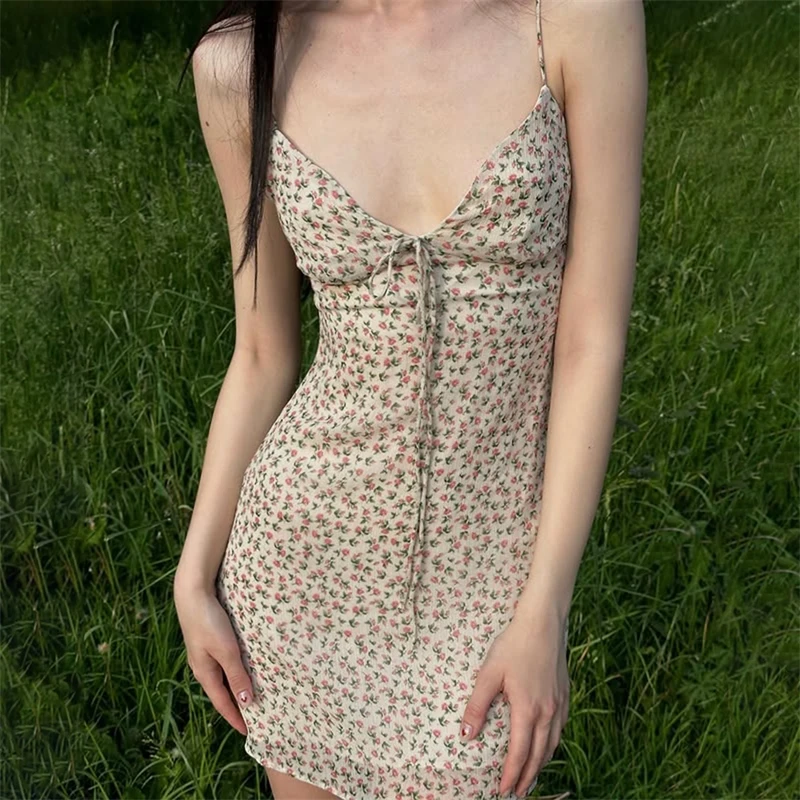 Retro-Blumendruck, schmale Passform, rückenfrei, V-Ausschnitt, durchsichtiges Netz, Spaghettiträger, Sommerkleid, eleganter Stil, sexy Damen, lässig, Party