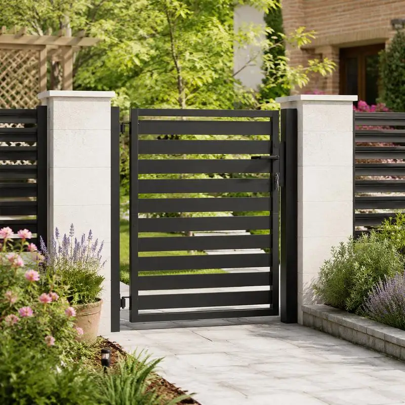 Portail de jardin en aluminium thermolaqué noir, équipé d'une serrure complète et de poignées assorties, dimensions 100x100 cm, antirouille et durable, idéal pour les entrées courantes des clôtures de jardin.