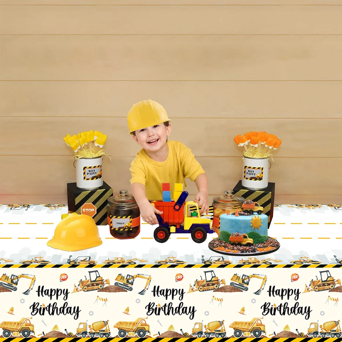 Construction Theme Happy Birthday Tablecloth Excavator Vehicle Birthday Party Decor Kids  Bulldozer Tractor Truck Party Supplies