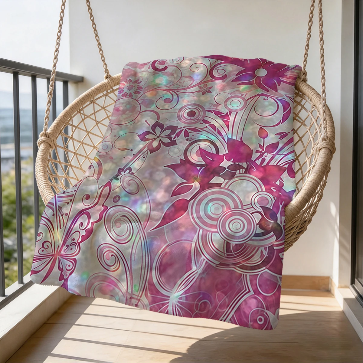 Holographic Pink Floral Flannel Blanket Warm Soft Halloween Christmas Couch Warm Cozy Decorative Decor Gift for All Season