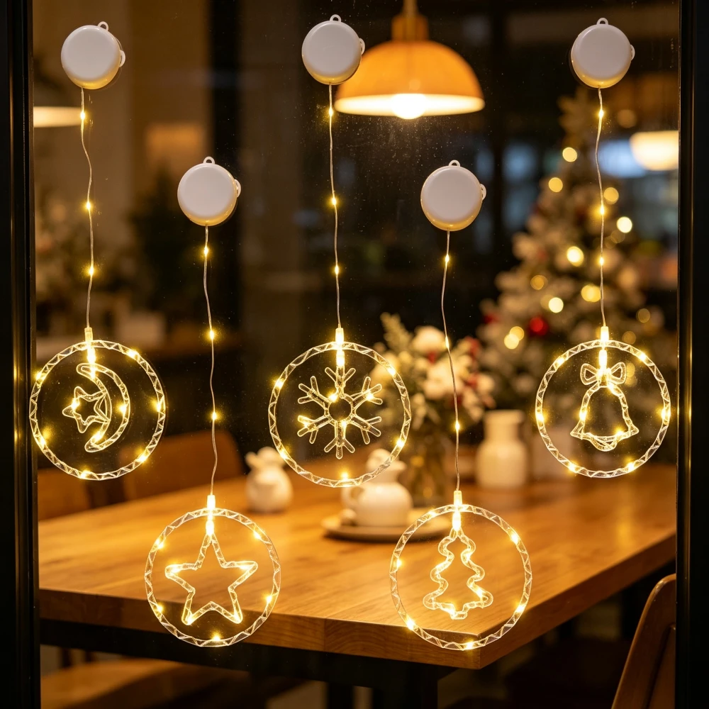 1/2PC Christmas Circular LED Suction Cup Light,Battery Powered,Indoor Holiday Party Balcony Window Garden Decoration Fairy Light