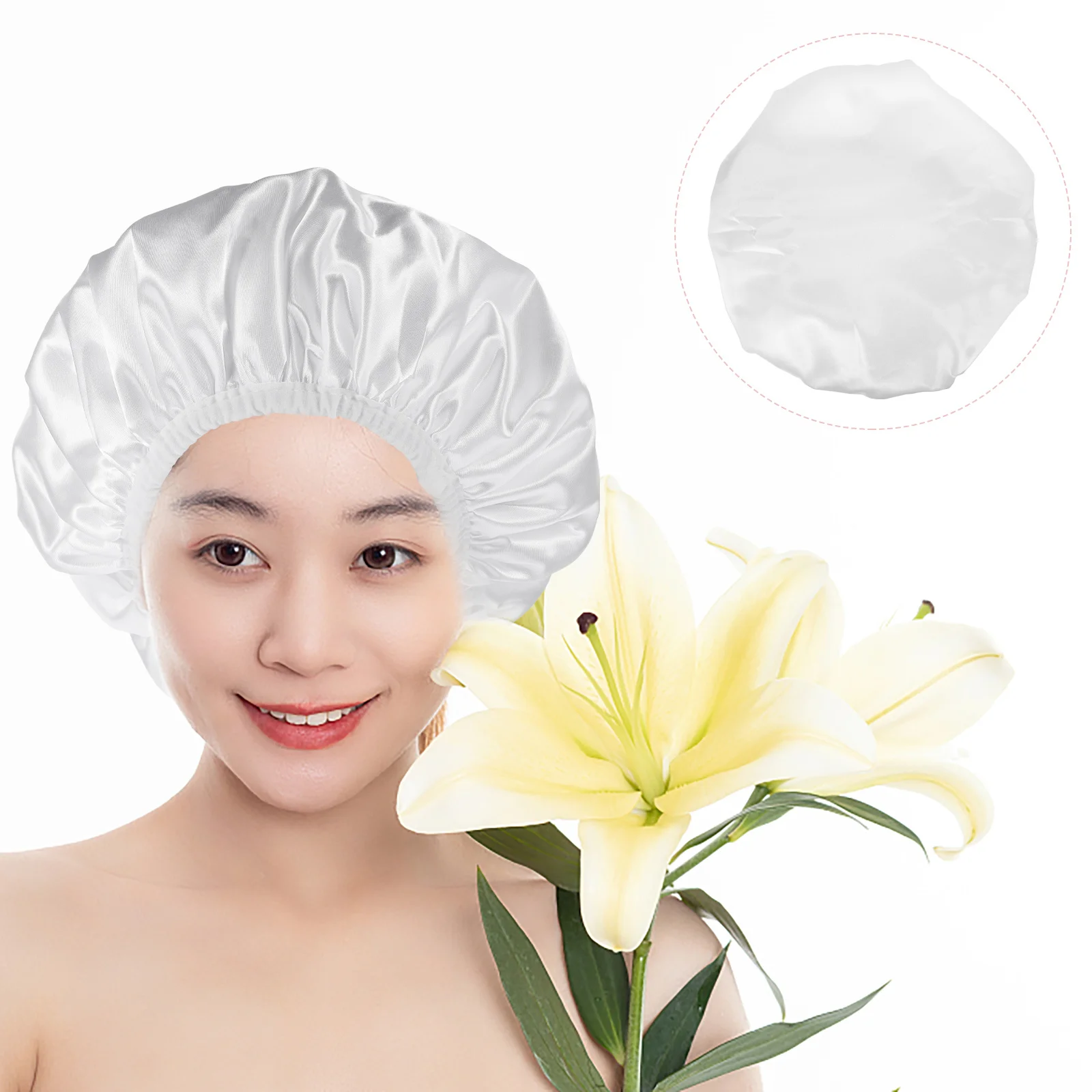 

Women Waterproof Shower Cap Large Elastic Satin Lined Hair Cover Bath Bonnet Reusable Shower Hair Cap Soft Lightweight