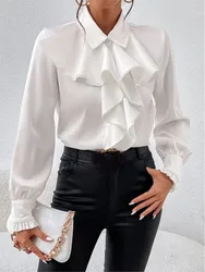 Spring Autumn Fashion White Ruffled Elegant Blouse Top Women New Long Sleeve Lapel Woman Shirt Solid Office Ladies Loose Tops