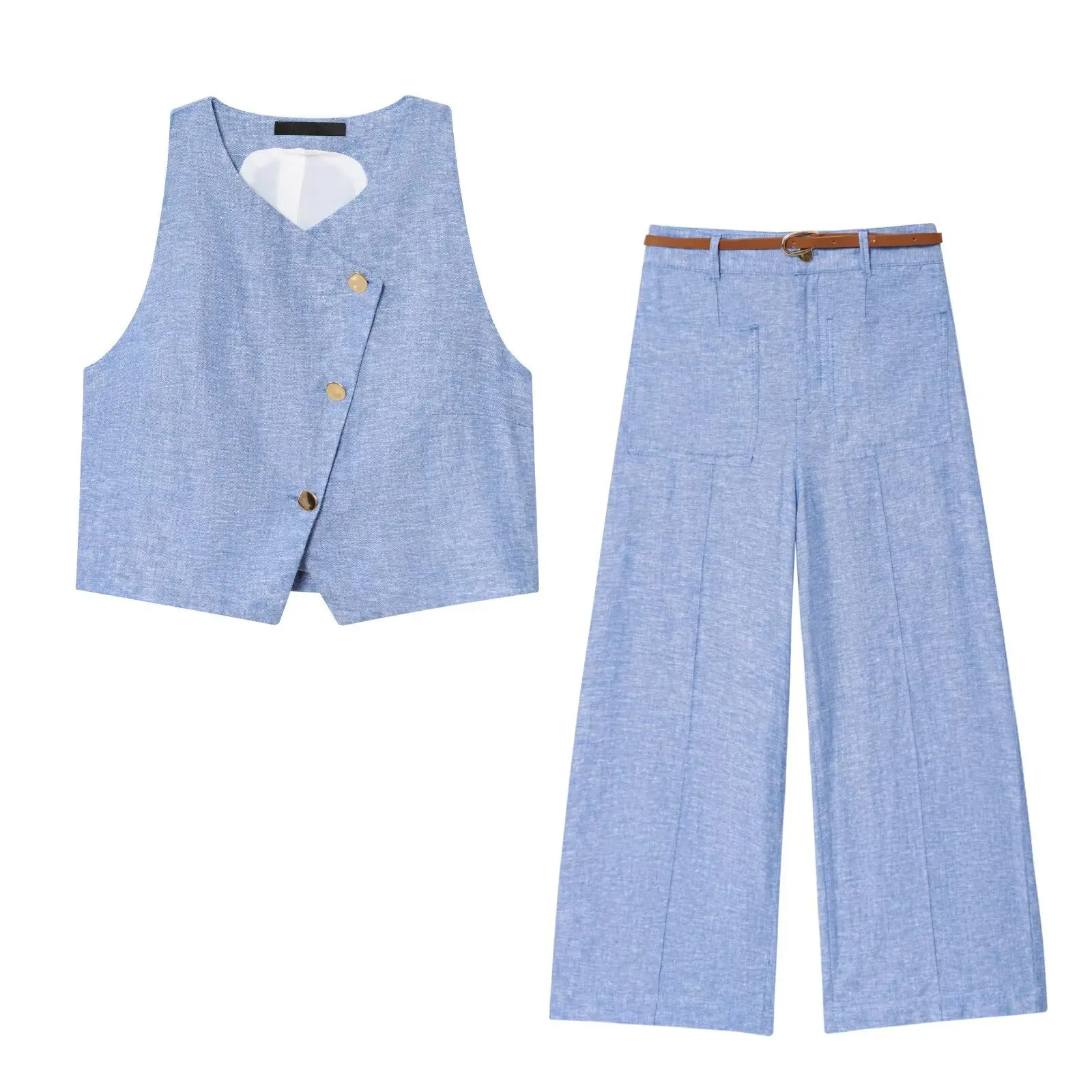 Zweireihige Weste für Damen mit Gürtel und weitem Bein, Hosen-Set, Herbstmode, europäischer Stil, Outfit L52462/3F, Exportqualität
