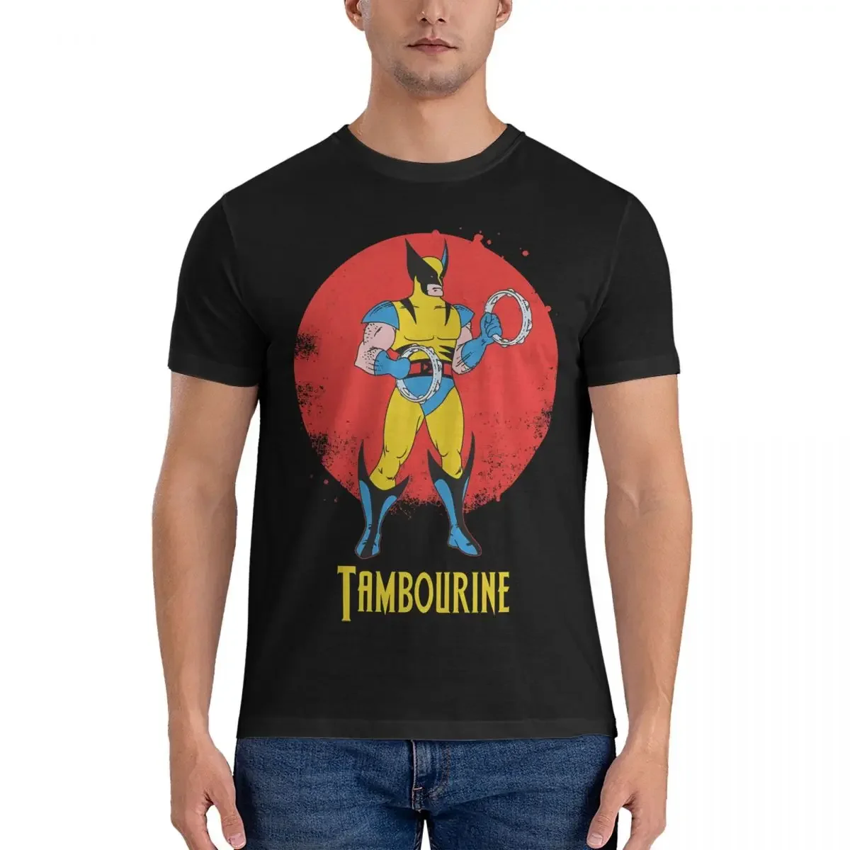 Novelty Tambourine T-Shirts for Men O Neck Pure Cotton T Shirts Deadpool And Wolverine Short Sleeve Tees Unique Tops