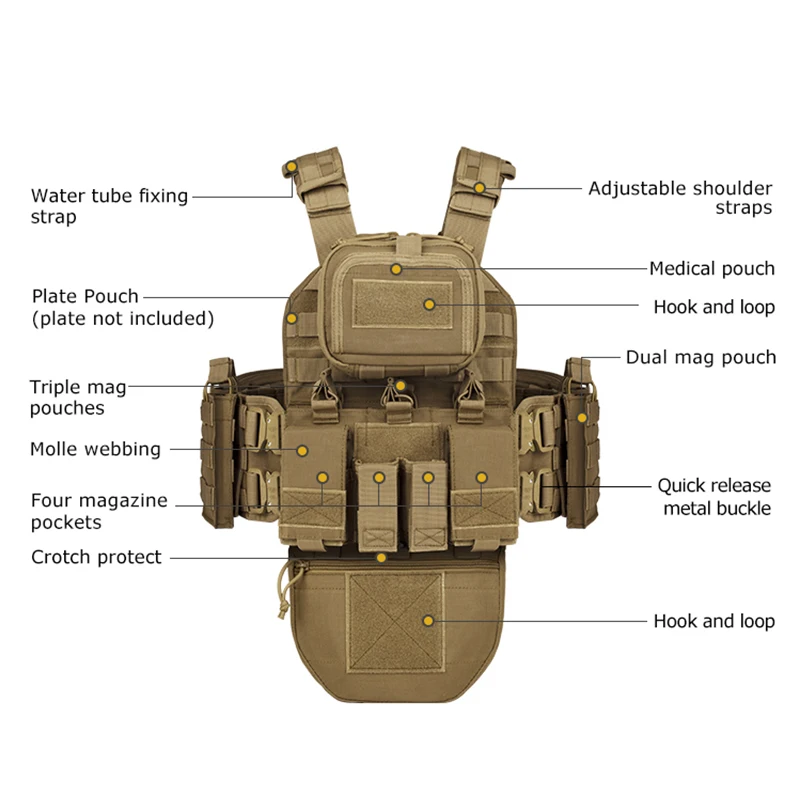 TLF Yakeda Chaleco táctico Chaleco Tactico Molle bolsas poliéster negro totalmente protección Chaleco táctico de caza para hombres
