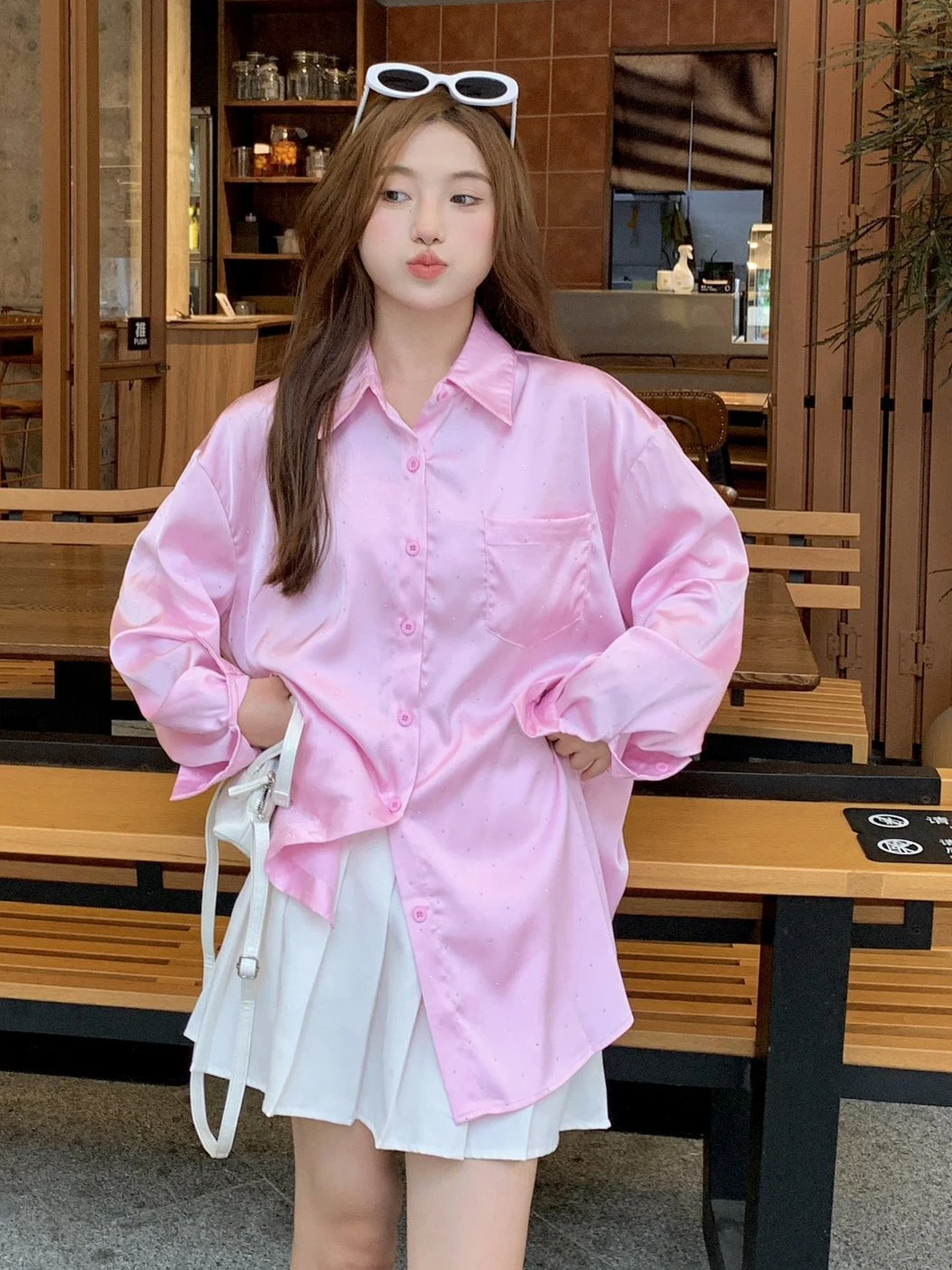 Fashion Hot Drilling Pink Satin Shirt Women 2024 Spring Summer New Korean Style Loose Temperament Sweet Loose Long Sleeve Top