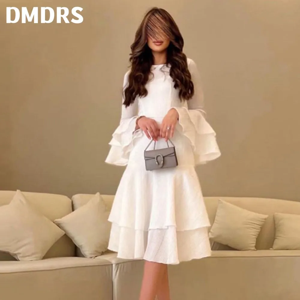 Vintage White Party Formal Dresses O- Neck Flare Long Sleeves Tiered Knee Length Women Evening Gown With High Quality Customized