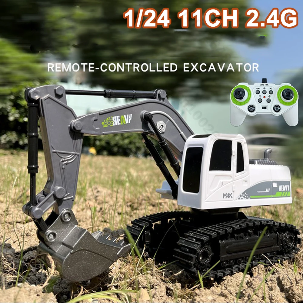1/24 Alloy RC Excavator Crawler Track Dump Truck 2.4G 11CH Remote Controlled Engineer Vehicle Model with Light Music Xmas Gifts