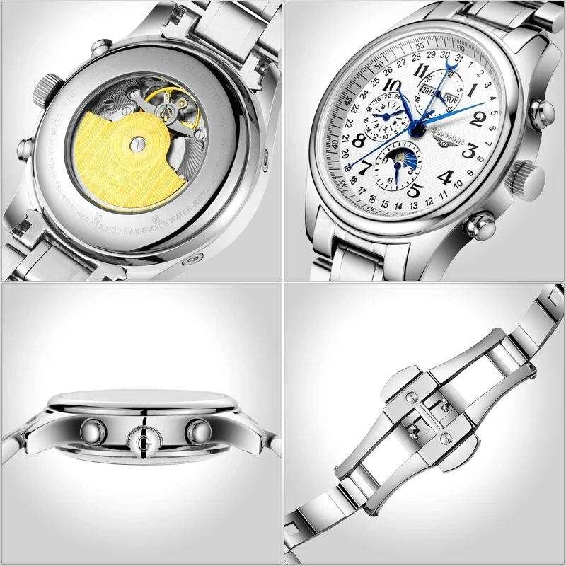 GUANQIN 2024 Men Watches Top Brand Luxury Mechanical Automatic Stainless Steel Waterproof Moon Watch Sapphire Wristwatch Clock