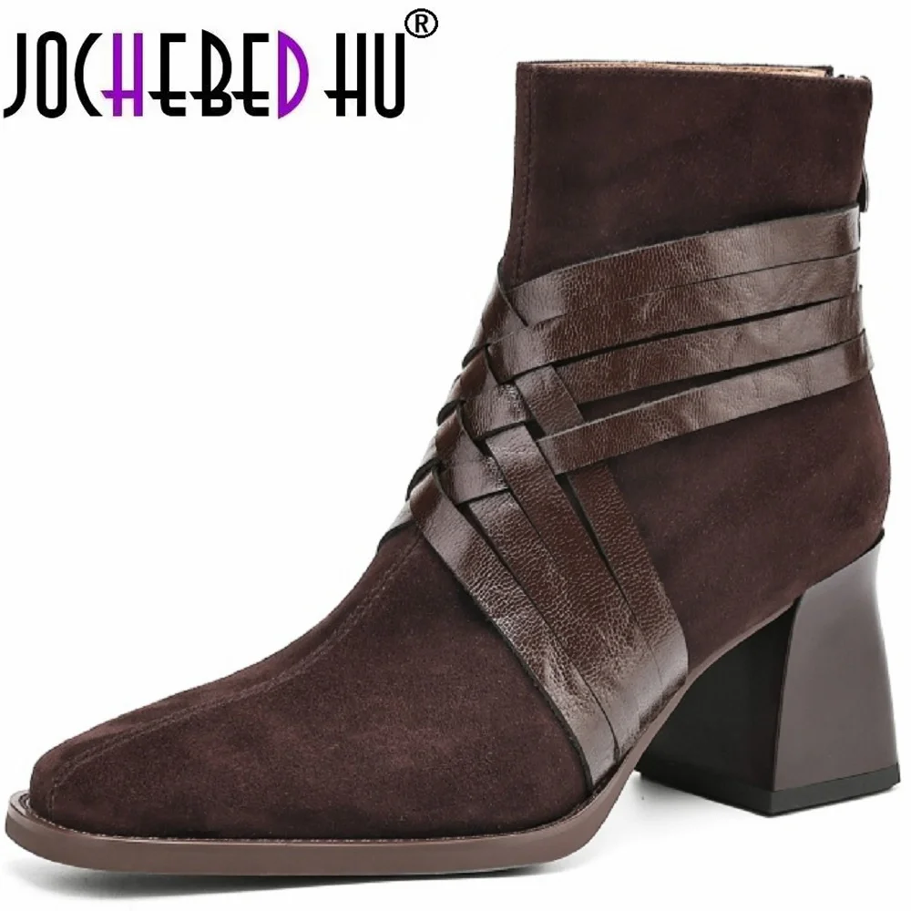 

【JOCHEBED HU】Winter Concise Handmade Genuine Leather Female Square Head Elegant Zip Ankle Boots Mid Heels Weave Shoes For 34-40