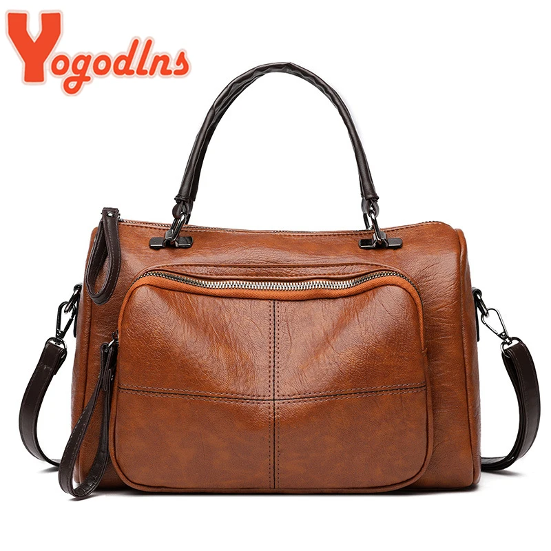 Yogodlns Vintage Winter Handle Bag Women New Soft PU Leather Handbag Large Capacity Crossbody Bag Travel Business Hand Bag