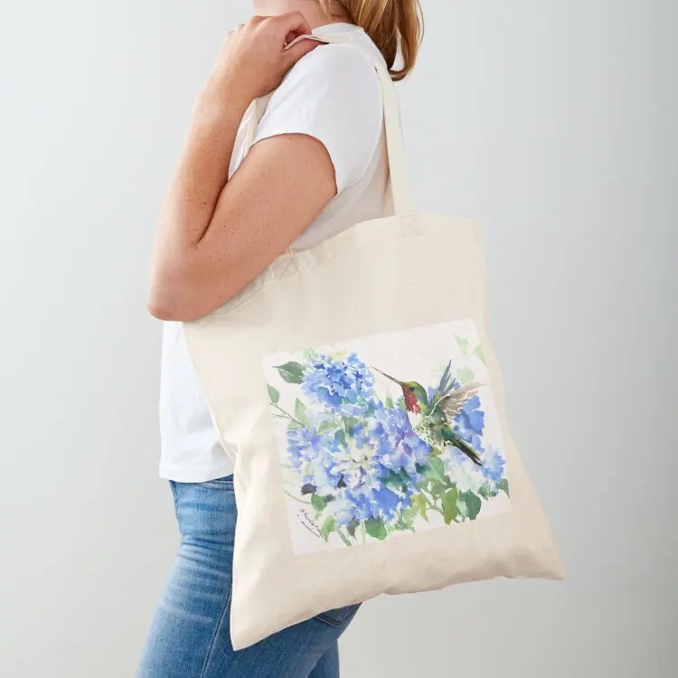 Hydrangea Flowers and Hummingbird Tote Bag custom fabric bag canvas tote bag shopper bags shopping logo