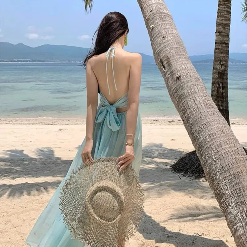 Purple Mint Green Collar Halter Spaghetti Straps Long Dress Seaside Vacation Fairy Skirt Design Sense