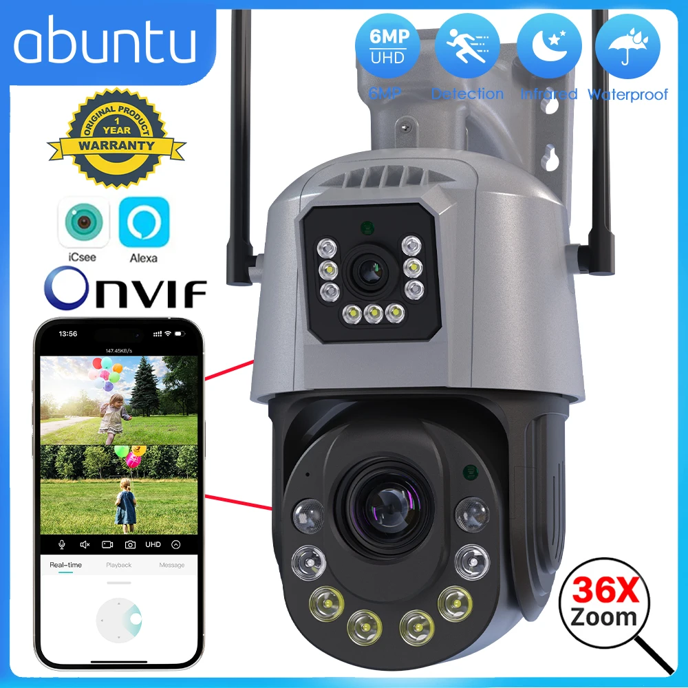 ABUNTU 6MP 36X Optional Zoom Camera Wifi Outdoor Surveillance Camera Dual Lens Dual Screens IR Night Vision CCTV IP Camera ICSEE