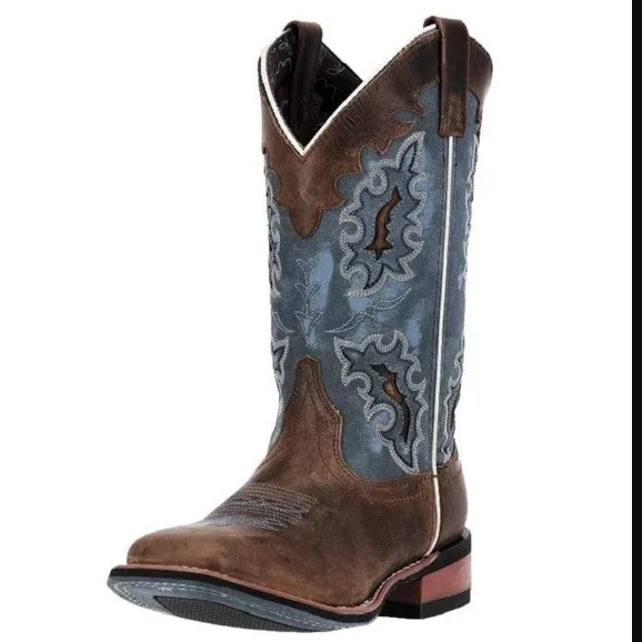 Square Toe Embroidered Mid-Calf Knee-High Boots Combined Materials All-Match Men Botines Rubbed Retro Casual Botas Femininas