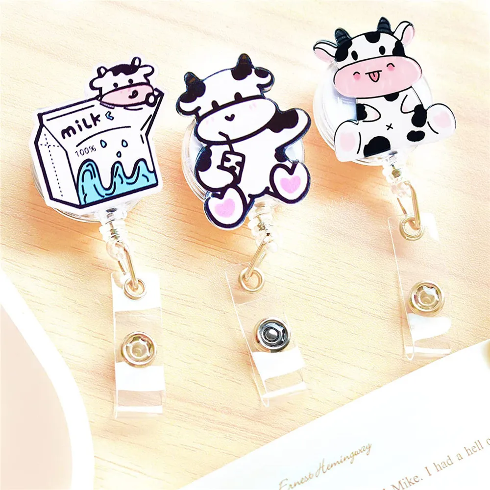 1Pcs 2023 New Acrylic Cute Cow Milk Retractable Hospital Nurse Badge Holder Reel Clip Cartoon Doctor ID Card Holder Keychains