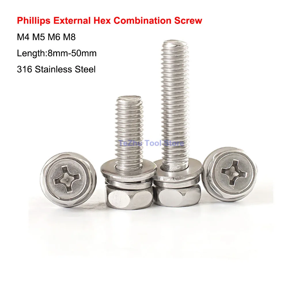 316 Stainless Steel Phillips External Hex Combination Screw M4 M5 M6 M8 Cross Recessed Outer Hexagonal Bolt