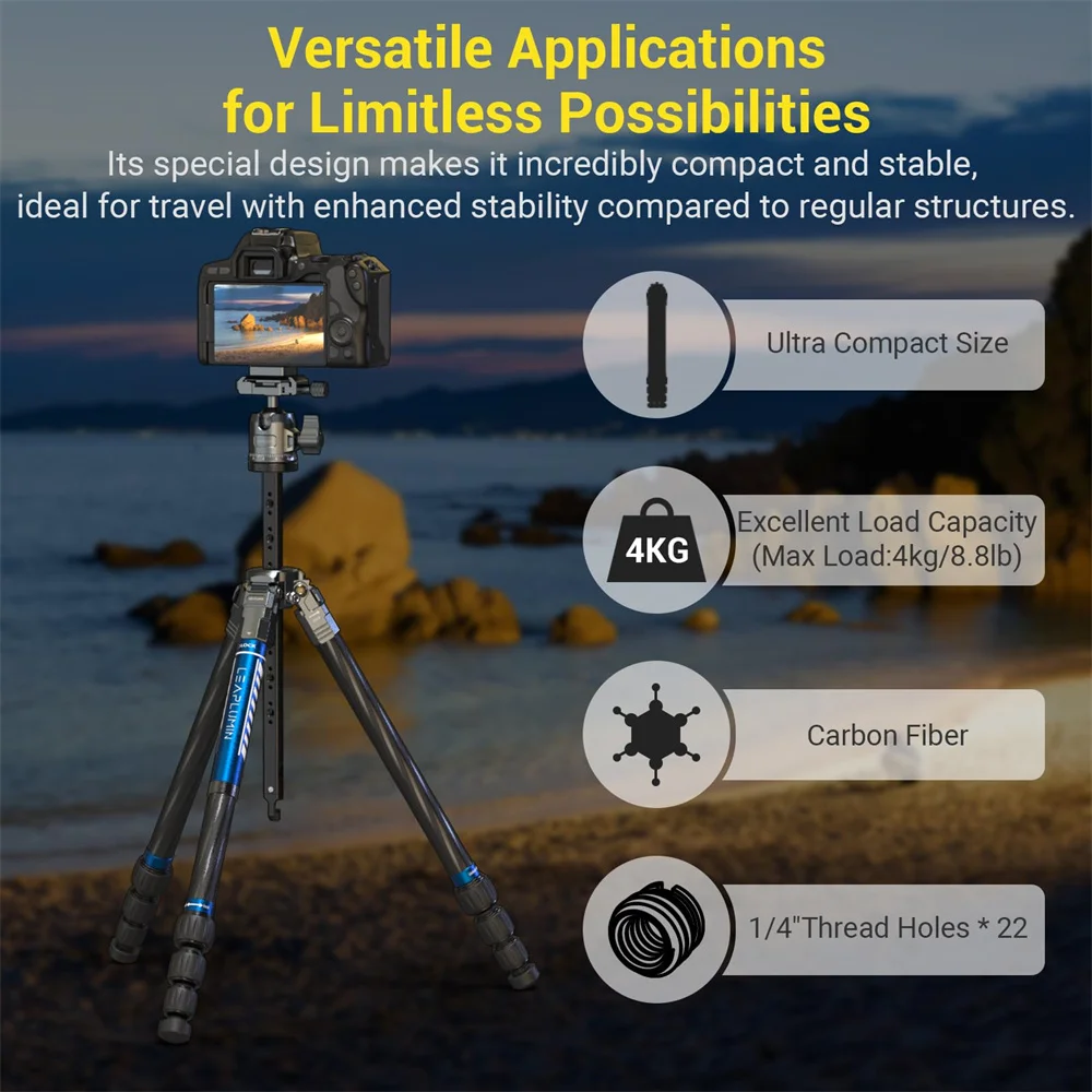 LEAPLIGHT 150cm Carbon Fiber Tripod Travel Tripod wi 360 Adjustable Ballhead 1/4 Quick Release Plate for DSLR Camera Photo Video