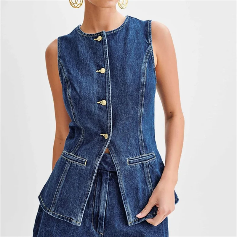 Summer Women\'S Button Front Denim Vest Tops Sleeveless O-Neck Single Breasted Split Top Waistcoat Y2k Vintage Tank Tops