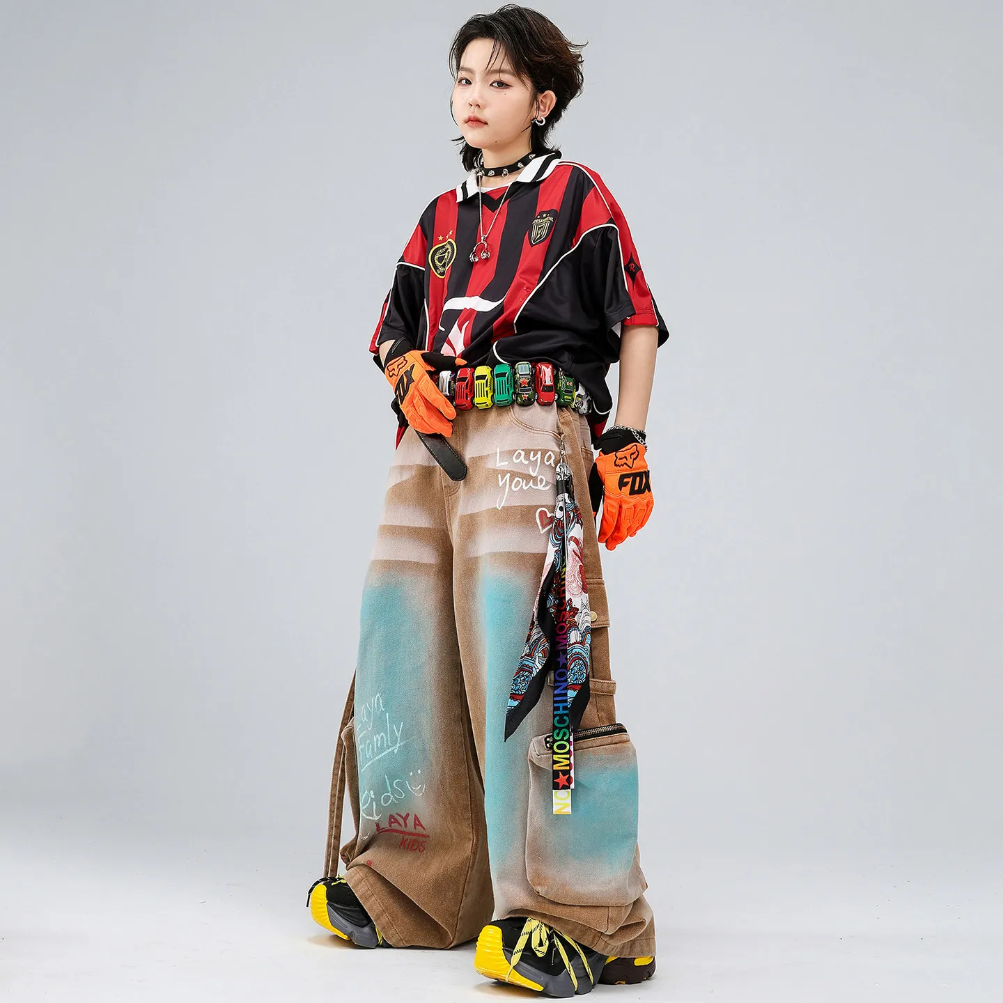 Kids Streetwear Hip Hop T-shirt Tank And Baggy Jeans Pants Set Boys Girls Sleeveless Cargo Trousers Stage Costume