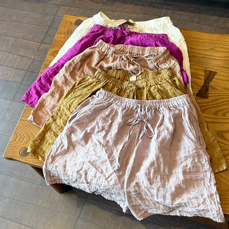 

100% льняные женские повседневные шорты, Новое поступление, лето 2025 года, винтажный стиль, однотонные свободные удобные женские короткие брюки M1413