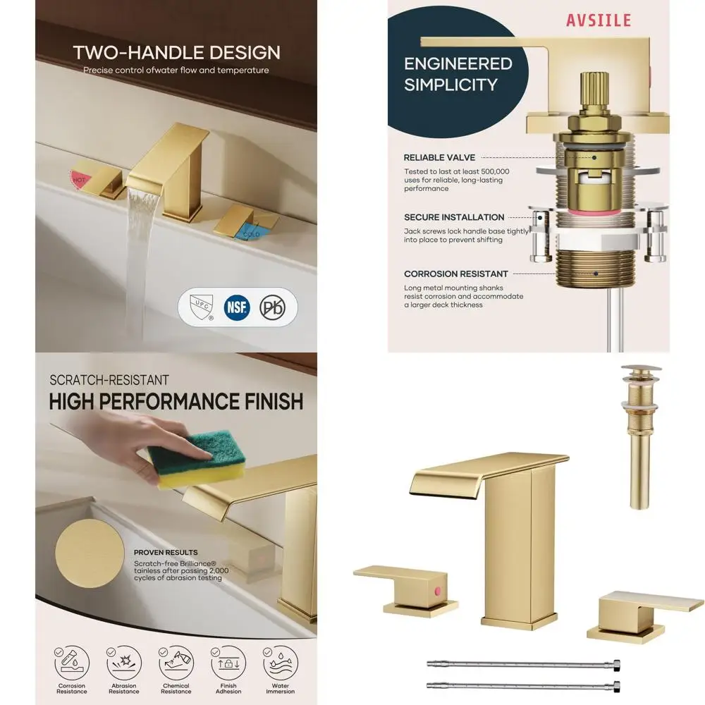

8 Brushed Gold 3-Hole Modern Widespread Bathroom Sink Faucet Set with Touch Lavatory for Vanity