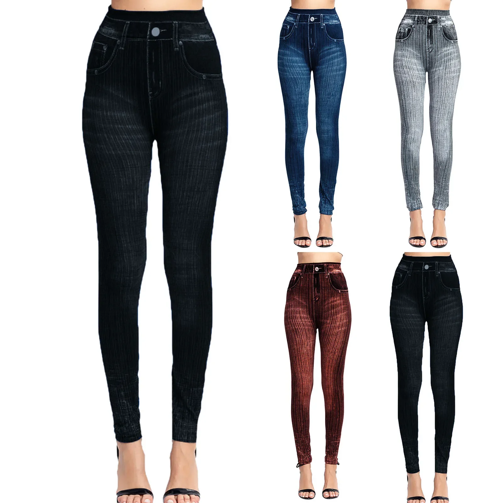 

Stretch Well Fitness Fake Pockets High Waist Leggings Faux Denim Jeans Sexy Elastic Jeggings Soft Casual Thin Pencil Pants