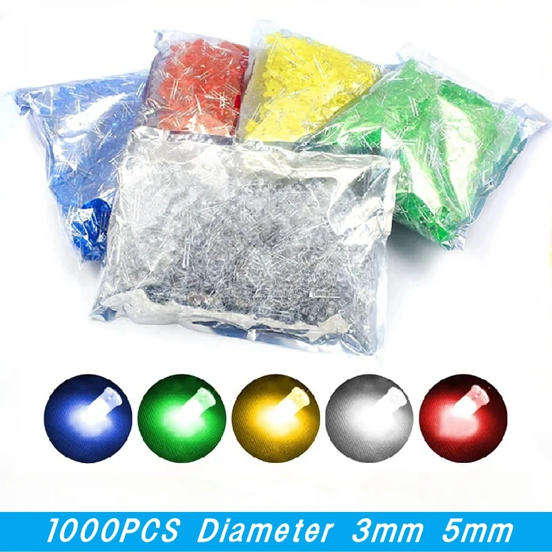 1000PCS Diameter 3mm 5mm LED Lamp Bead Bubble  F3 F5 Red Green Yellow Blue White Straight Into The Whole Pack   