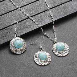 New Ethnic Turquoises Earrings Necklace Set 2023 Vintage Boho Big Round Dangle Antique Carved Jewelry Sets