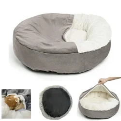 Four Seasons Washable Round Dog Cat Bed with Attached Blanket, Soft Plush Cozy Donut Cuddler, Hooded Pet Beds, puppy/dog beds