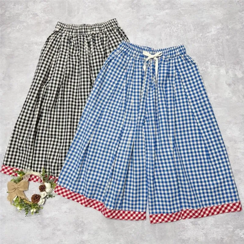 Johnature Japanese Elasticated Waist Plaid Color-blocked Pants Sweet Loose Summer Thin Casual Women Wide-leg Pants