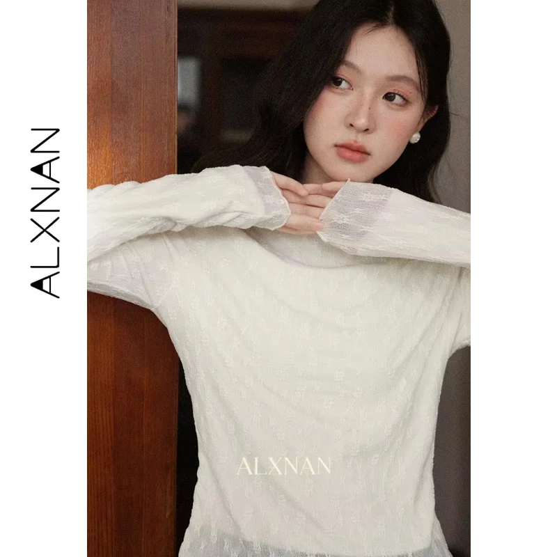 

ALXNAN Lace Jacquard T-shirt Women 2026 Spring Half Turtleneck Basic Simple Long Sleeve Tees Elegant Fashion Tops Female L58908