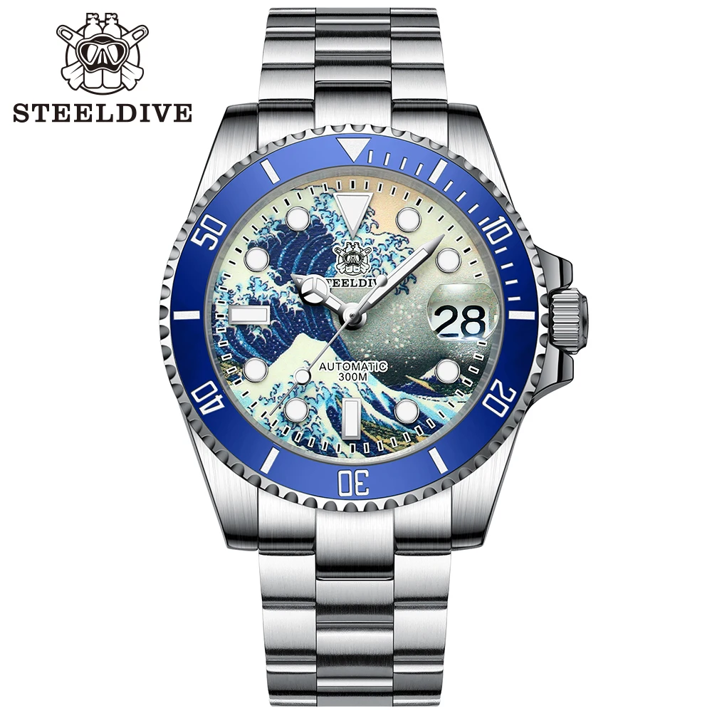 STEELDIVE SD1953J NH35A Ceramic Bezel Men\'s Automatic watch Kanagawa Waves Aseptic Dial Diving Watches Men C3 luminous