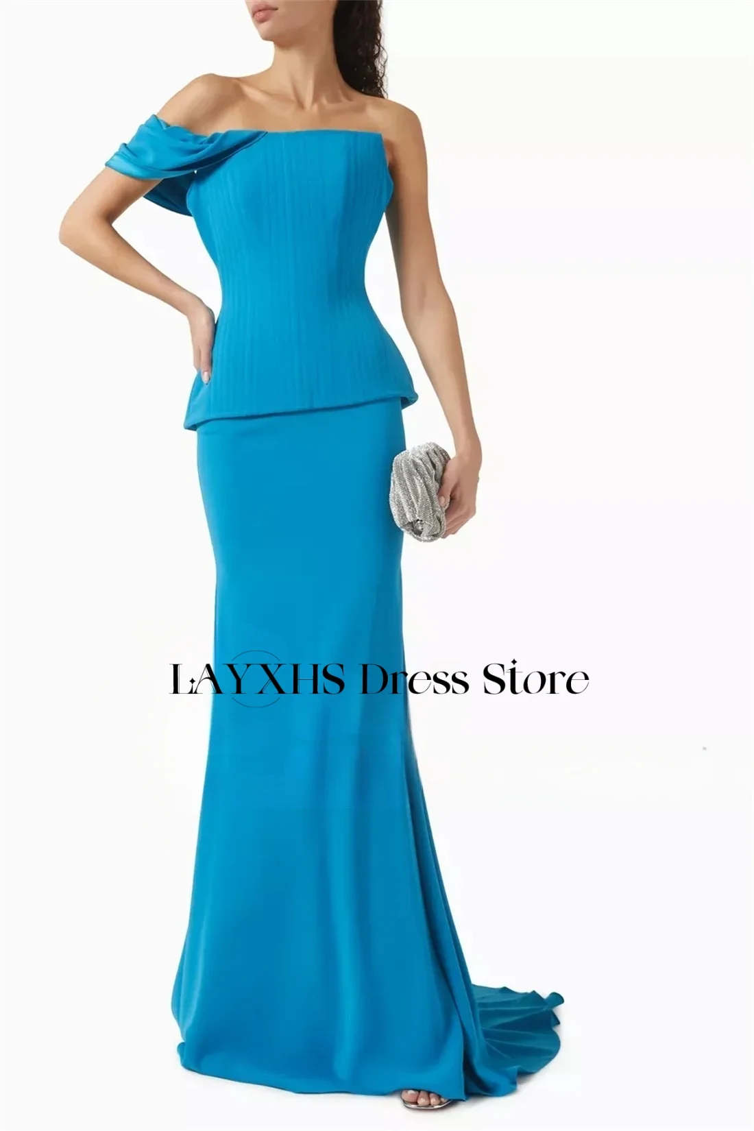 LAYXHS – robe de soirée sirène bleu lac, Simple, asymétrique épaule dénudée, dos nu, fermeture éclair, longueur au sol, robes de bal personnalisées
