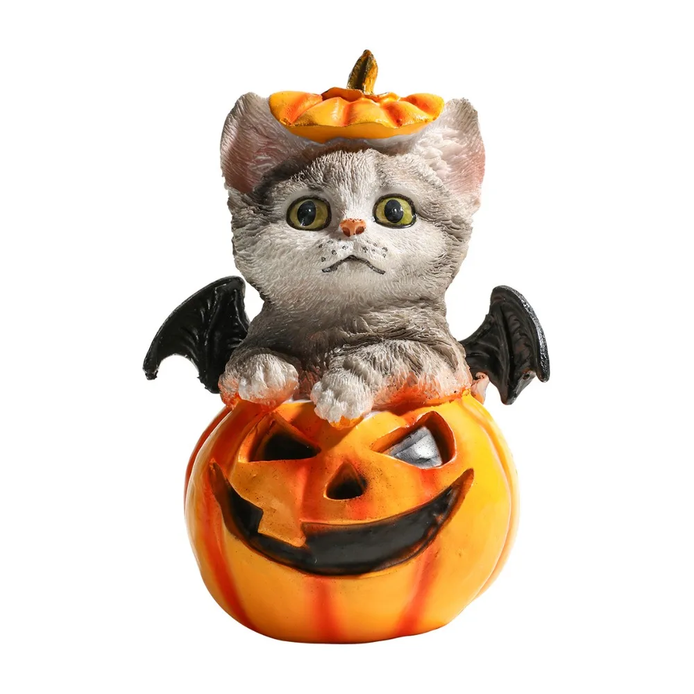 

Cute Halloween Cat Pumpkin Statue Handmade Resin Crafts Pumpkin Ornament Simulation Decorative Cat Desk Figurine Halloween Party