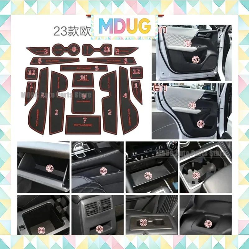 MDUG Anti-Slip Gate Slot Mat For Mitsubishi Outlander 2022 2023 Non-Slip Door Groove Pad Cup Holder Interior Accessories