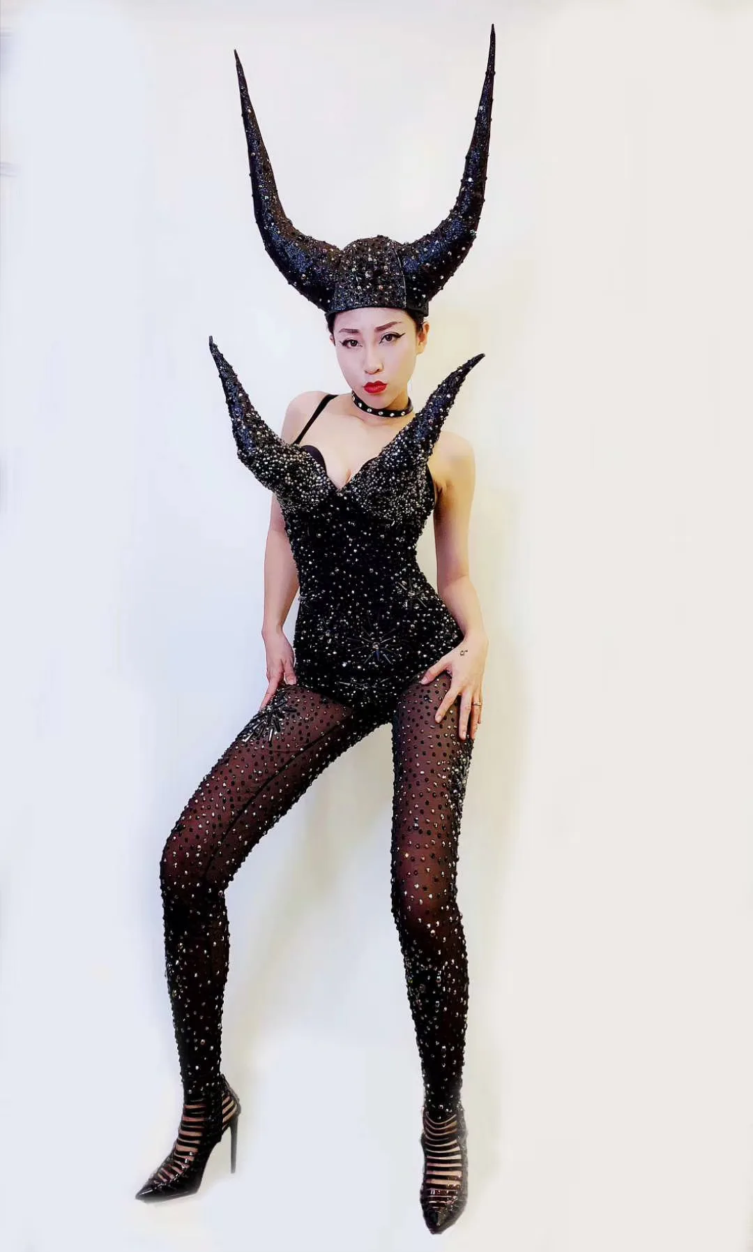 

Elastic Black Mesh Perspective Bodysuits Horns Decoration Women Shining Diamonds Jumpsuits Nightclub Bar Prom Party Costume