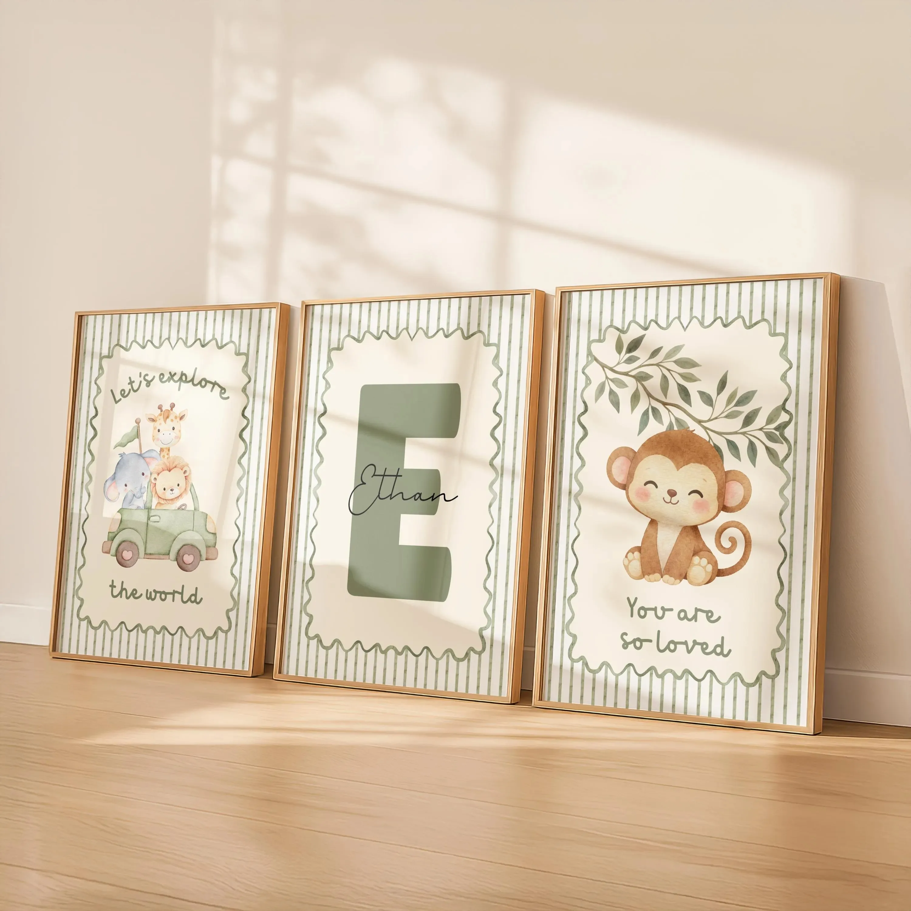 3pcs/set Lion Giraffe & Monkey Safari Canvas Print Custom Baby Name You Are So Loved Nursery Wall Art Poster for Home Decor Gift