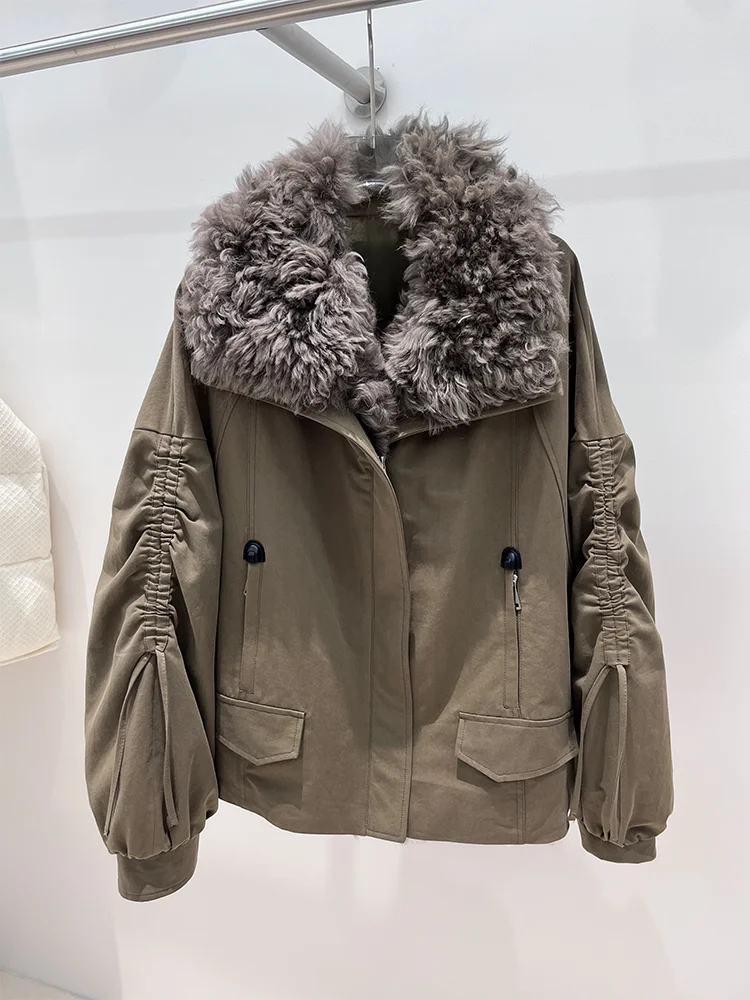 Piumini d'oca caldi invernali moda donna Collo in vera pelliccia di pecora di agnello naturale Cappotti femminili spessi Piumini Capispalla