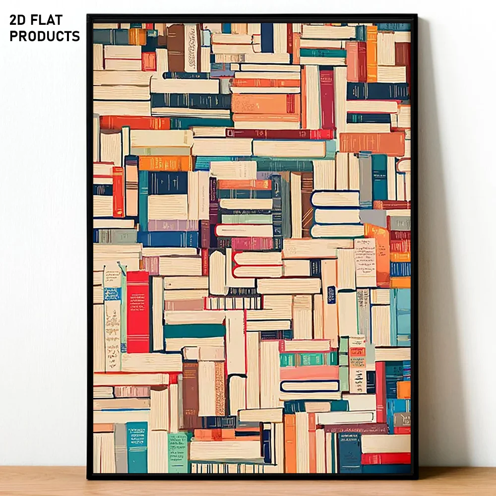 2D Flat, 1pc, 2D Flat, Multi-Size Frameless Canvas Painting, Stacks of Books in Various Colors Forming a Complex Pattern, Int