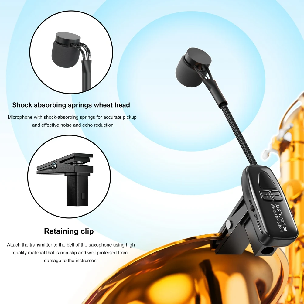 

Беспроводная микрофонная система для саксофона TURE, передатчик и приемник 2,4G для духовых инструментов, диапазон 164 фута, Plug & Play