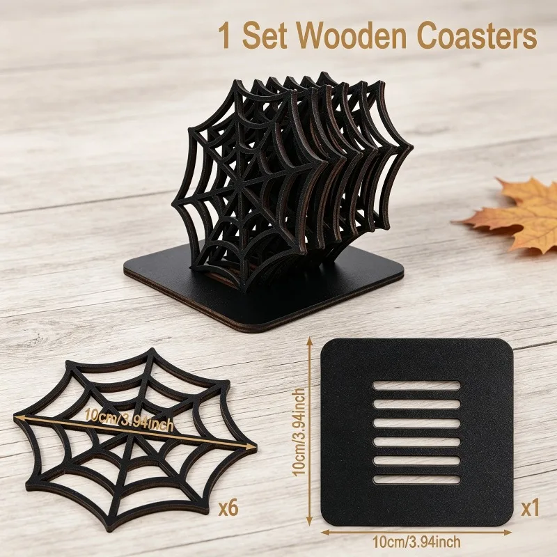Halloween Spider Web Wooden Coaster Heat-resistant Coaster Used for Coffee and Tea Table Party Decoration