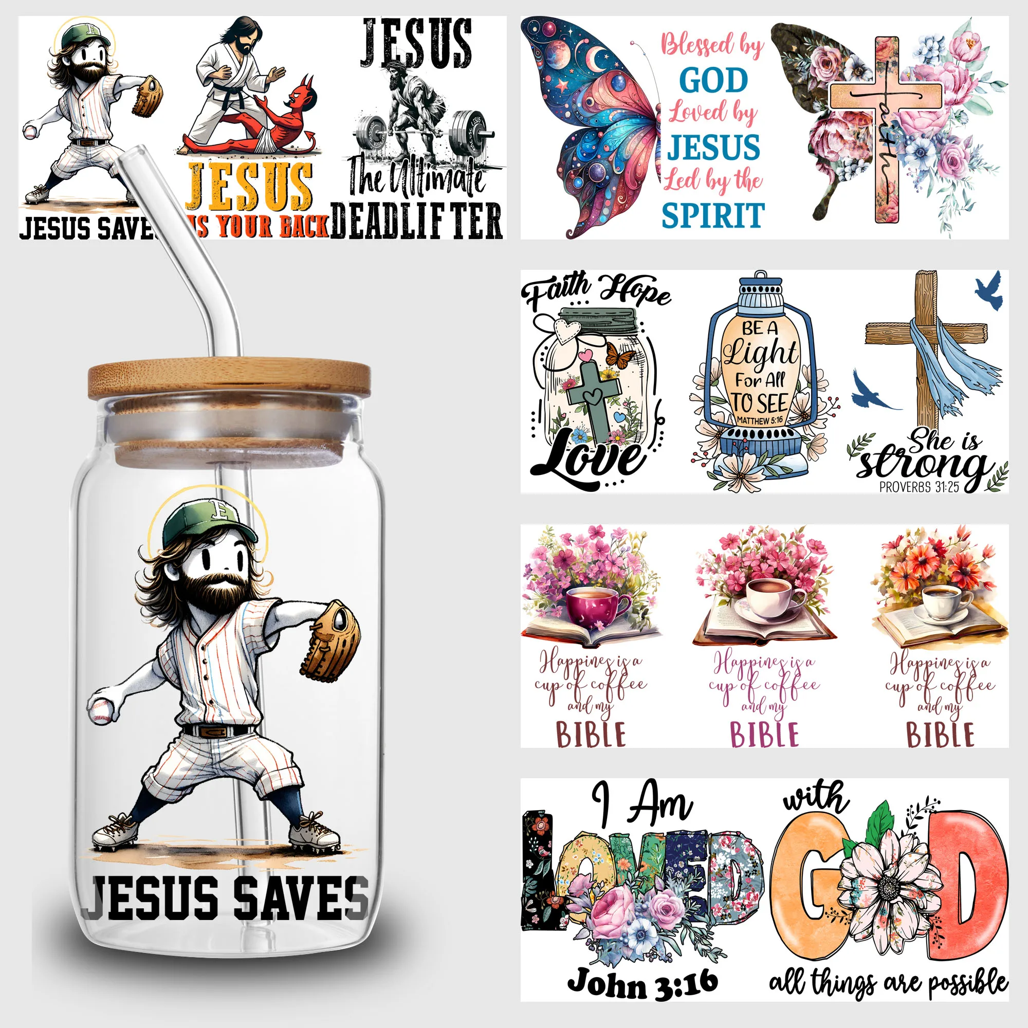 

5 Sheets Christ UV DTF Cup Stickers, Glass Sport DTF Transfer Stickers, Waterproof Jesus Wipe Transfers for 16 oz Glass, Mugs