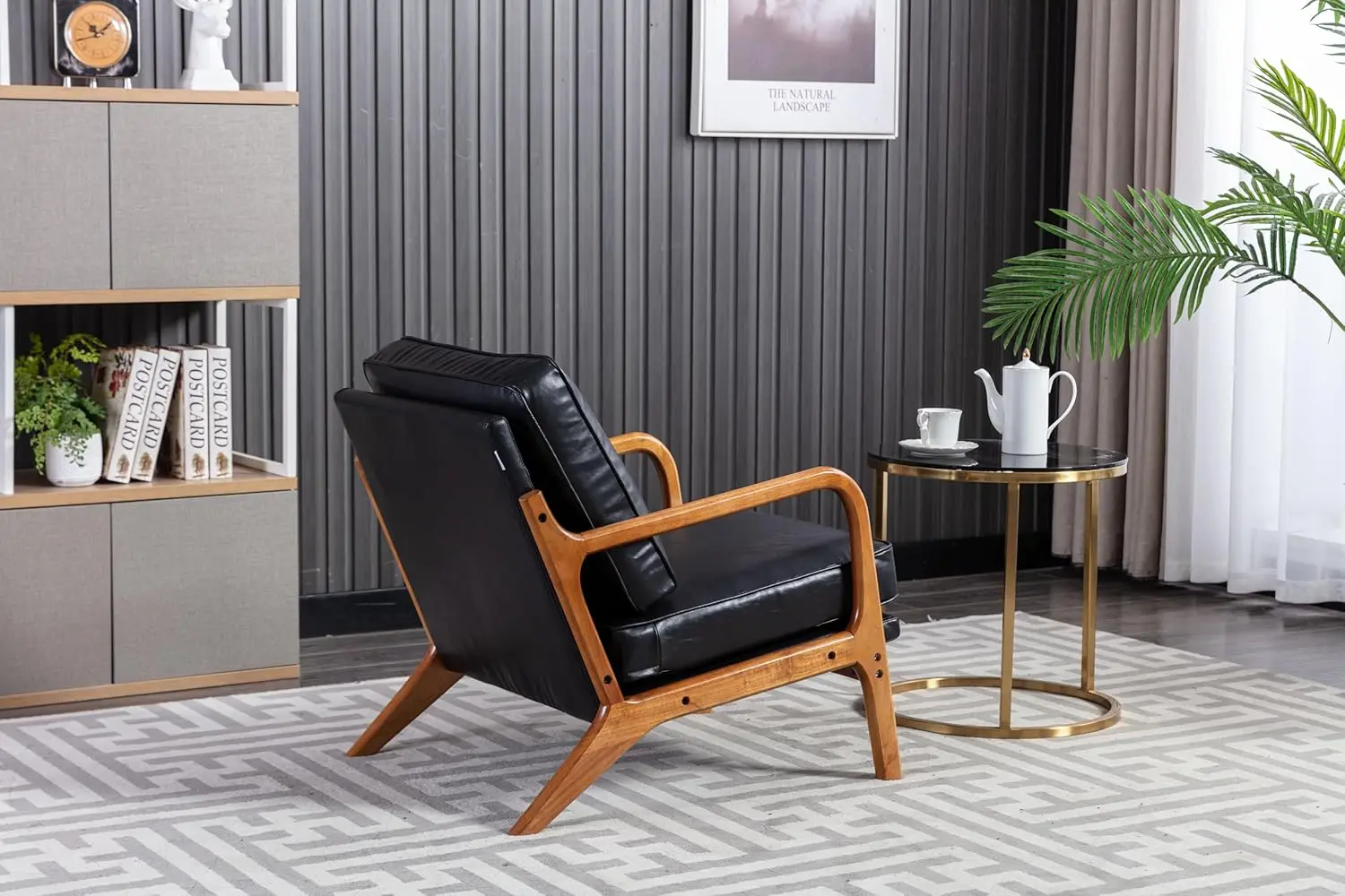 Accent Chair, Mid-Century Modern Armchair with Solid Wood Frame for Living Room Bedroom Belcony (Black + PU Leather)