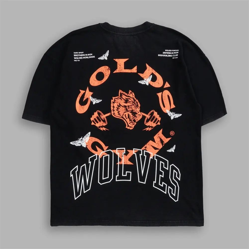 T-shirt couple col rond en pur coton avec imprimé tête de loup, marque tendance GOLD'S GYM Joint-Label Fitness 2026