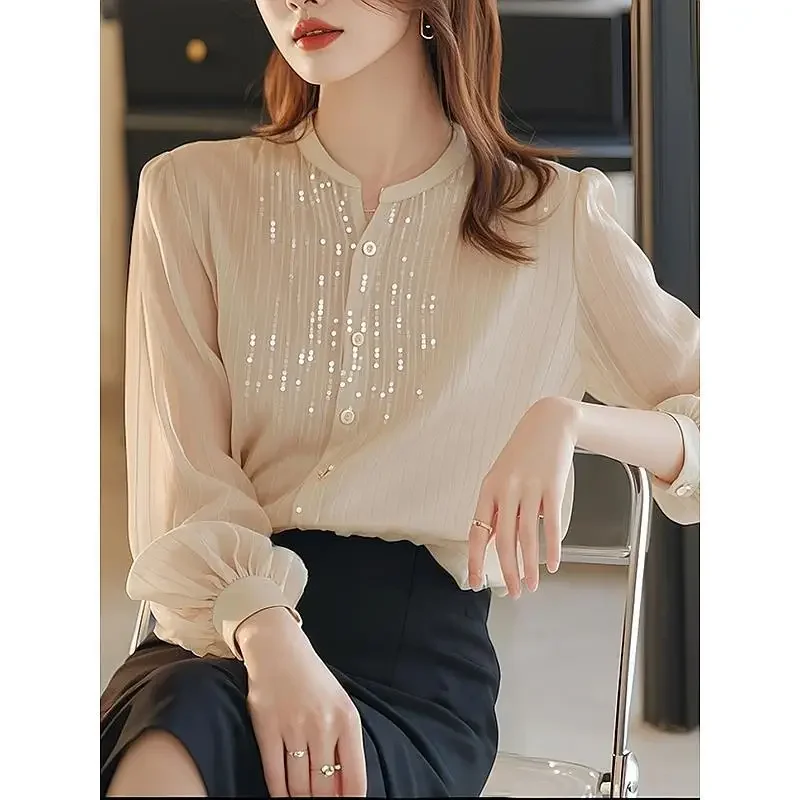 2024 New Autumn High-End French Style Chic Long Sleeve Chiffon Top Elegant Cracker Khaki Women's Blouse Bright Sequins