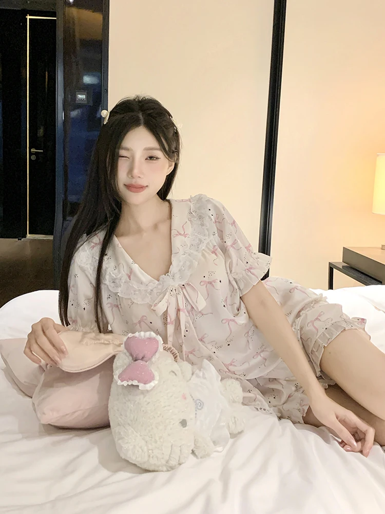 2025 New Summer Ice Silk Short Sleeve Pajamas Sweet Girl Thin Cartoon Cute Print Wearable Homewear Set
