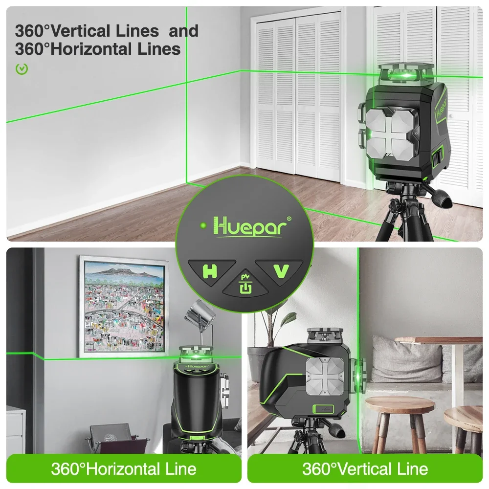 Imagem -03 - Huepar-nível Laser com Tripé Receptor Feixe Verde Auto-nivelamento Horizontal e Vertical 360 ° Linha Cruzada 2d Linhas Osram