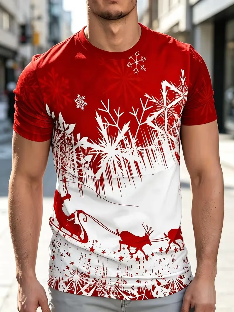 Christmas hot 3D printed T-shirt, fashionable short sleeved casual European and American round neck men's pullover top